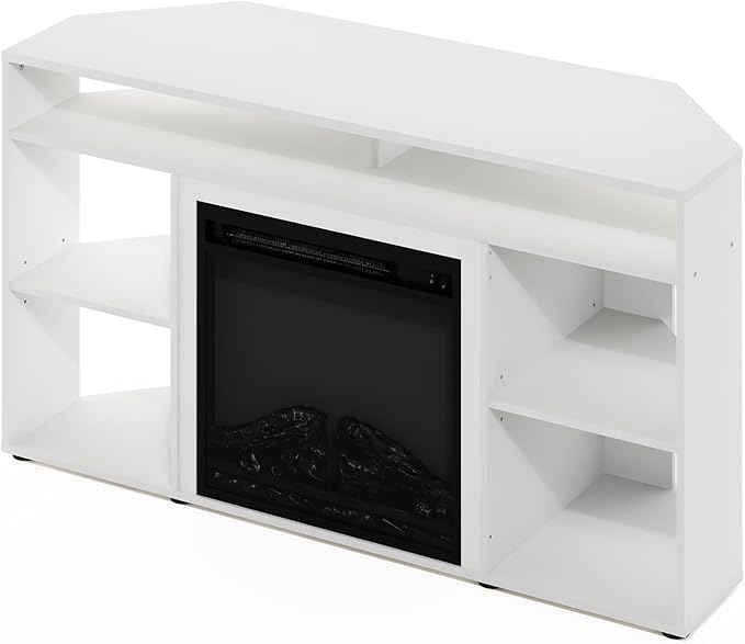 Furinno Jensen Corner Stand with Fireplace for TV up to 55 Inches, 55-Inch, Solid White