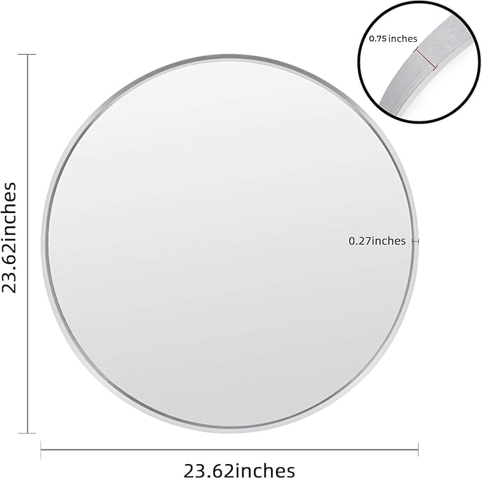 Muzilife 24" Round Mirror, Bathroom Circle Mirror, Silver Wall Mirrors with Modern Brushed Metal Frame, Suitable for Wall Hanging Decoration, Living Room, Bedroom