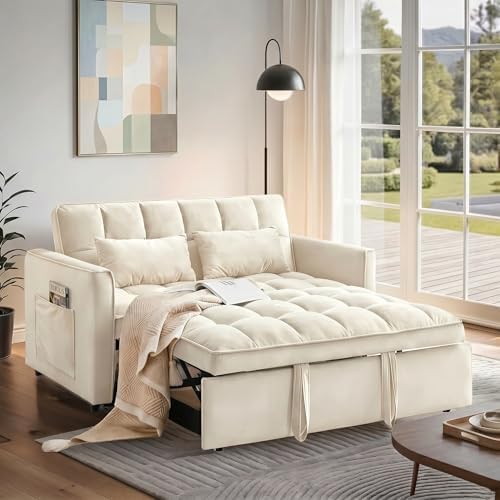 54" Convertible Pull Out Sofa Bed with Adjustable Backrest, White