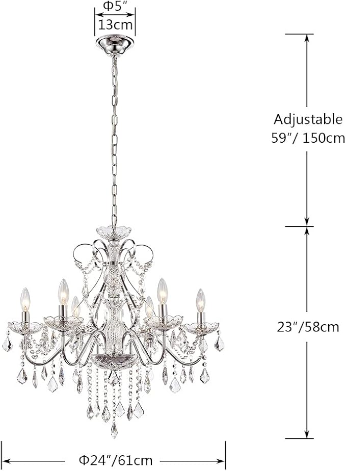 Saint Mossi 6 Light Crystal Chandelier Light Fixture Modern Chandelier Pendant Lighting, Chrome Pendant Raindrop Chandelier for Dining Room,Bedroom,Living Room,H23 x D24