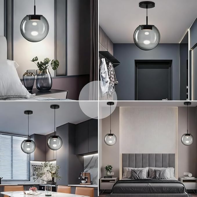 Advanced 3CCT Smoke Glass Pendant Light, Built-in LED Panel for Ultra-Even, Glare-Free Lighting, Modern Design and Stylist Fixture for Kitchen Island, Dining Table and Bedside(7.9in, 3-Pack)