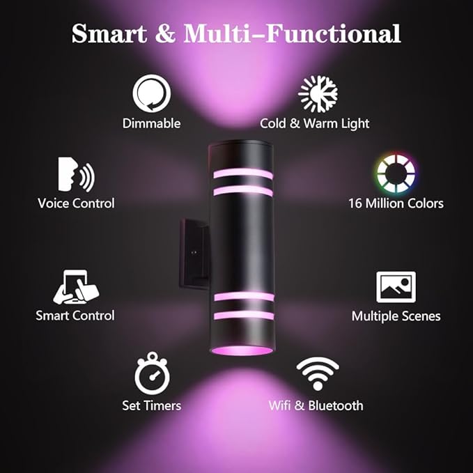 KIZON Smart Porch Lights 2 Pack, Modern Dusk to Dawn Outdoor Wall Lights Color Changing, Dimmable RGB Exterior Sconce Up and Down Light, Outside Lights for House Garage, Works with Alexa