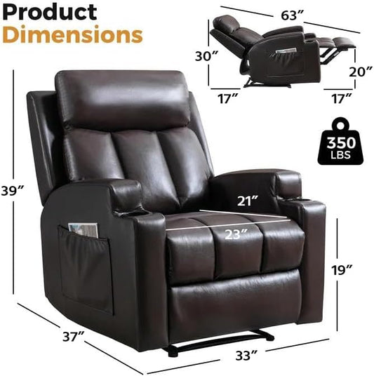 CANMOV Manual Massage Heat Recliner Chair Set of 2,Breathable Leather Recliner Chair with Armrest and Backrest, Manual Reclining Single Sofa with 2 Cup Holders, Side Pocket for Living Room,Dark Brown