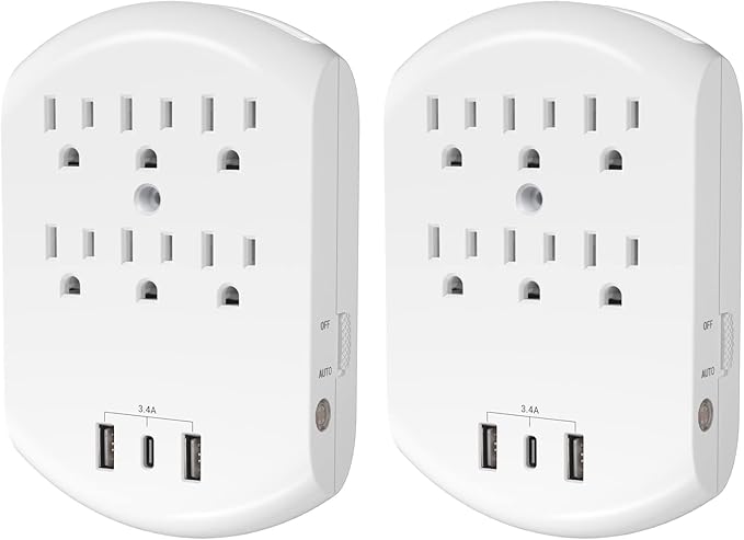 Clear Power 2-Pack USB Wall Charger, 6-Outlet Extender Wall-Tap with 2 USB Charging Ports(1 USB-C) & Nightlight, Multi-Plug Outlets, 3-Prong, White, DC3S-10052P-DC