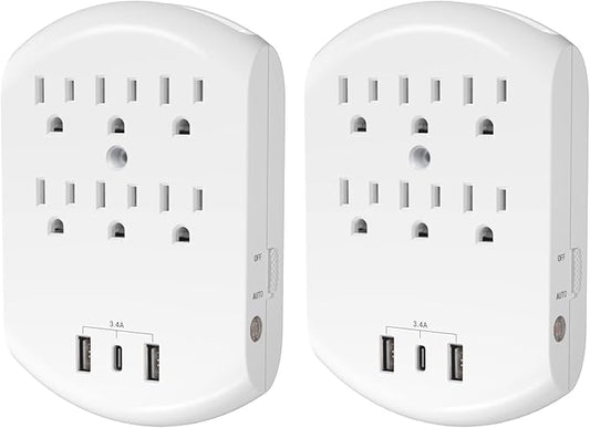 Clear Power 2-Pack USB Wall Charger, 6-Outlet Extender Wall-Tap with 2 USB Charging Ports(1 USB-C) & Nightlight, Multi-Plug Outlets, 3-Prong, White, DC3S-10052P-DC