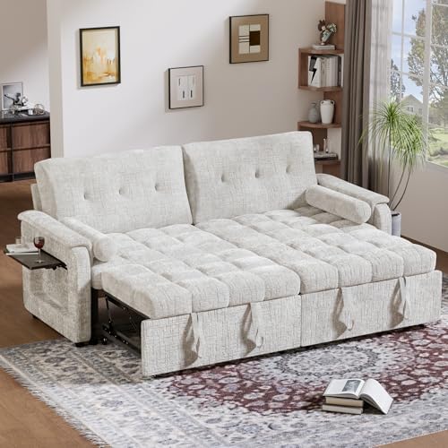Convertible Sleeper Sofa Bed, 86 Inch Chenille Pull Out Couch with Side Table & Adjustable Backrest, Sectional Sleeper Sofa with Pull Out Bed for Living Room, Apartment, Beige