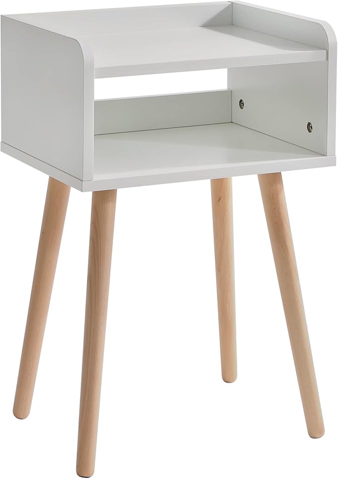 IBUYKE Nightstand, Mid-Century Modern Bedside Table with Solid Wood Legs, Minimalist and Practical End Side Table with Open Storage Shelf, Easy Assembly, White UWNS003W