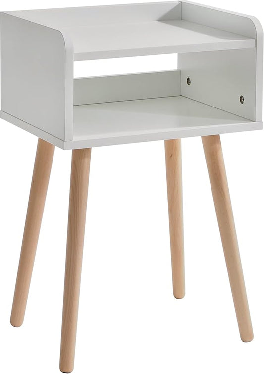 IBUYKE Nightstand, Mid-Century Modern Bedside Table with Solid Wood Legs, Minimalist and Practical End Side Table with Open Storage Shelf, Easy Assembly, White UWNS003W