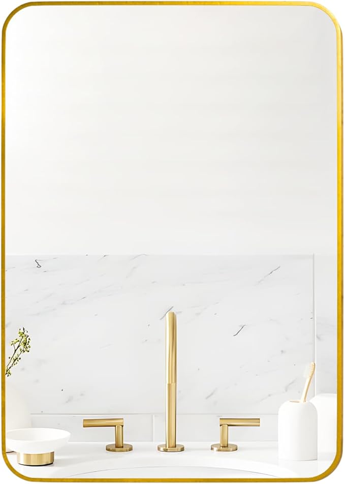Manocorro Wall Mirror Bathroom Mirror, 20 x 28 Inch Vanity Mirror with Aluminum Alloy Frame, Rounded Corner Hanging Mirror Decor for Entryway, Bedroom, Living Room, Gold