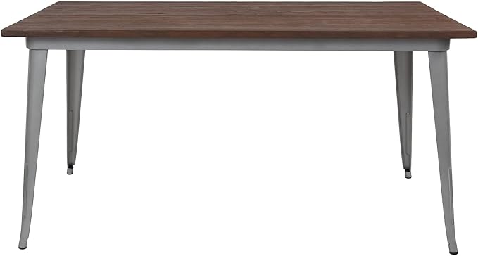 Flash Furniture Kenneth 30.25" x 60" Rectangular Silver Metal Indoor Table with Walnut Rustic Wood Top