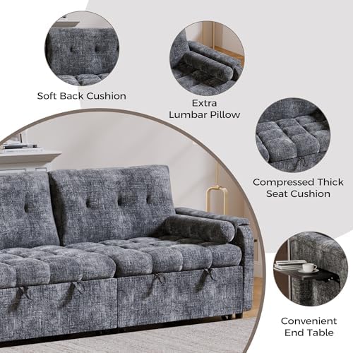 Convertible Sleeper Sofa Bed, 86 Inch Chenille Pull Out Couch with Side Table & Adjustable Backrest, Sectional Sleeper Sofa with Pull Out Bed for Living Room, Apartment, Gray