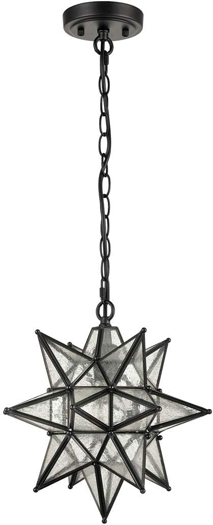DIRYZON EUL 13 Inch Industrial Moravian Star Pendant Light with Seeded Glass Shade Hanging Chain