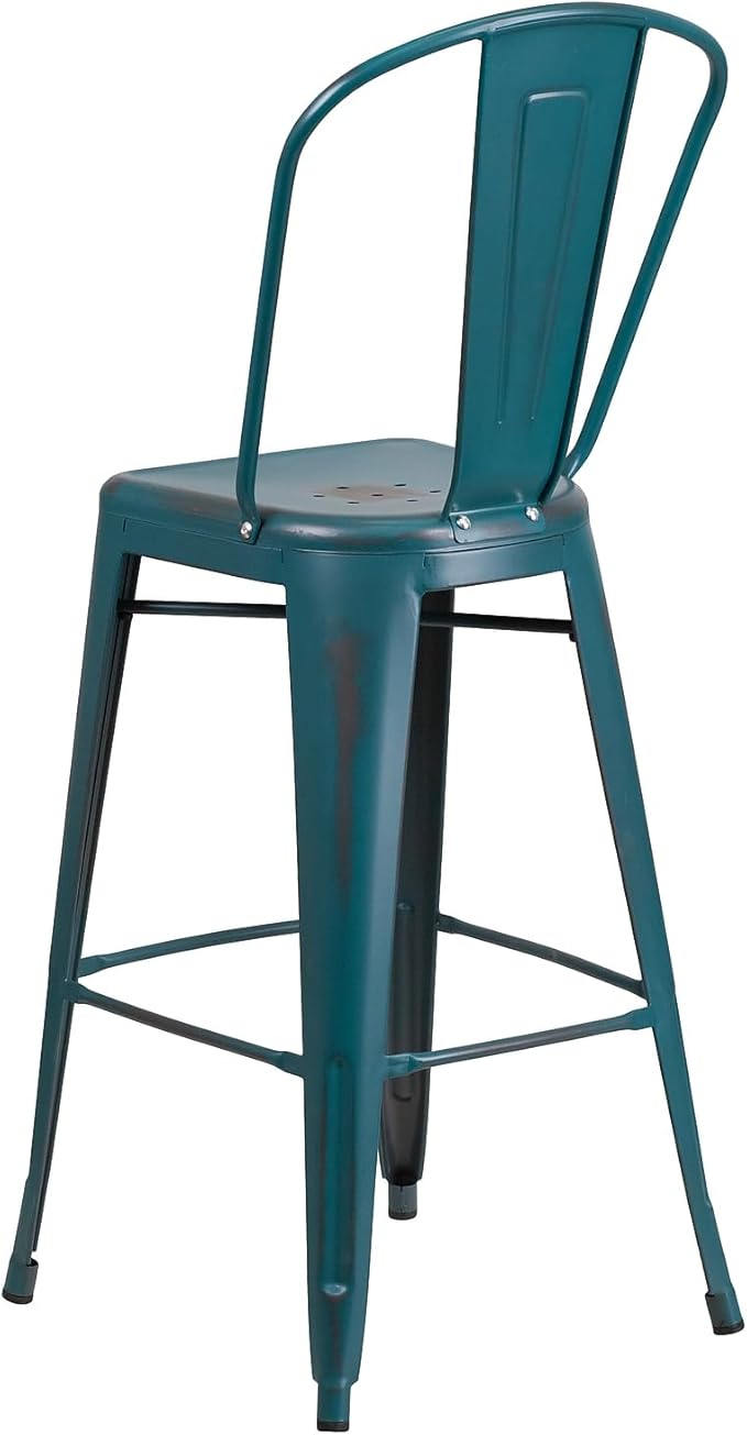 Flash Furniture Blake Commercial Grade 4 Pack 30" High Distressed Kelly Blue-Teal Metal Indoor-Outdoor Barstool with Back