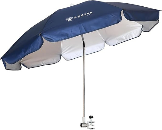 AMMSUN Chair Umbrella with Universal Clamp Adjustable 47 inches and 360° Swivel & UPF 50+ Protection Portable Sun Umbrella, Secure Clip on Camping/Beach Chairs, Stroller, Wheelchair, Golf cart, Lounger, Navy Blue, Large-sized