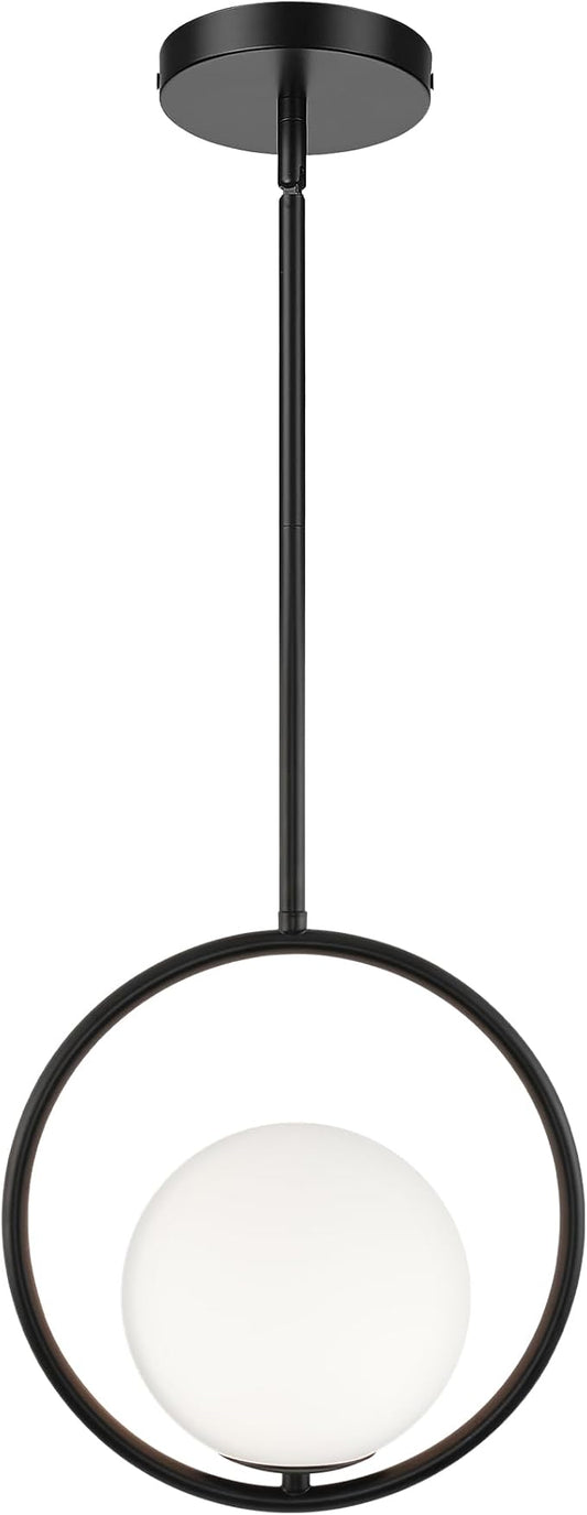 AUTELO 1-Light Pendant Lights Kitchen Island, Matte Black Glass Pendant Lights with Milky White Globe Hanging Lamp, Adjustable Rods for Kitchen Bar Dining Room, H9380 MGBK