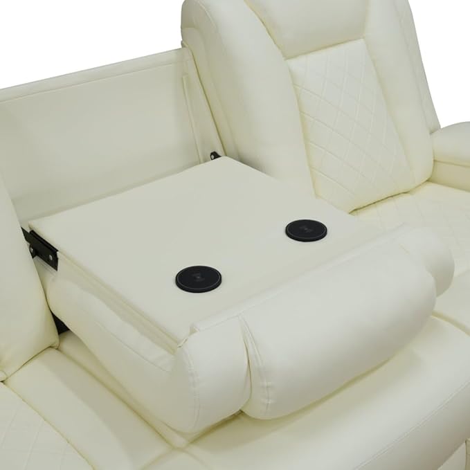 Leather Power Recliner Sofa Set with LED, Living Room Furniture Set, Leather Sofa Set with USB Port Storage Console Cup Holder for Office Living Room Home (Cream White Standard Version 2 Cup Holders)