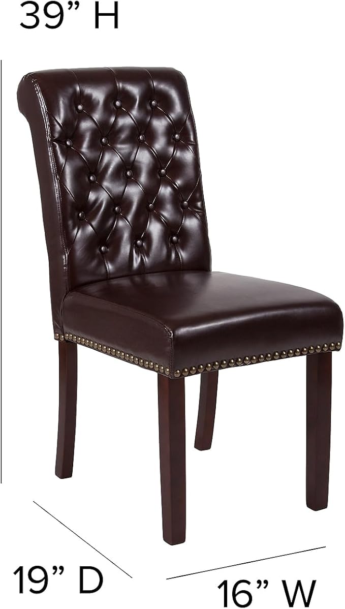 Flash Furniture HERCULES Series Brown LeatherSoft Parsons Chair with Rolled Back, Accent Nail Trim and Walnut Finish