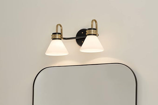Farum 19.25 Inch 2 Light Vanity Light with Opal Glass in Black with Champagne Bronze Accents, Damp Rated, for Bathroom, Over Vanity, or Jack and Jill Layout (19.25" W x 9.5" H x 9.5" Ext.) 55154BK