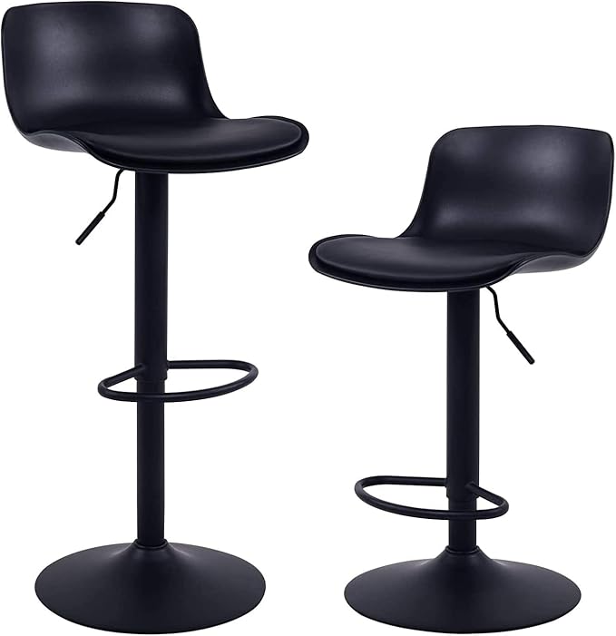 YOUNIKE Bar Stools Set of 2 Modern Black PU Counter Height Barstool, High Padded Adjustable Swivel Barstools with Back for Bar Counter and Kitchen Island