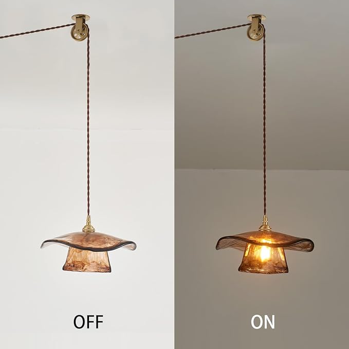 YLONG-ZS Hanging Lights with Plug in Cord,Hanging Lamp Plug in Gold Vintage Glass Pulley Brass Modern Pendant Lights for Kitchen Island,Dining Room, Living Room,Bedroom