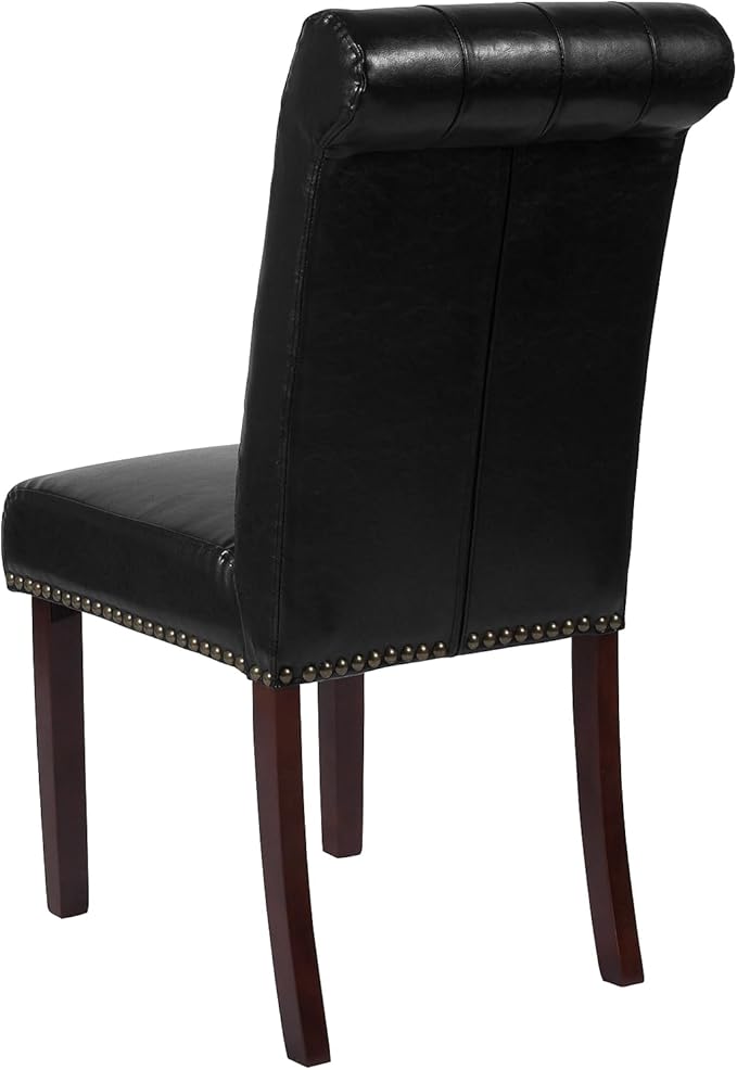 Flash Furniture HERCULES Series Black LeatherSoft Parsons Chair with Rolled Back, Accent Nail Trim and Walnut Finish