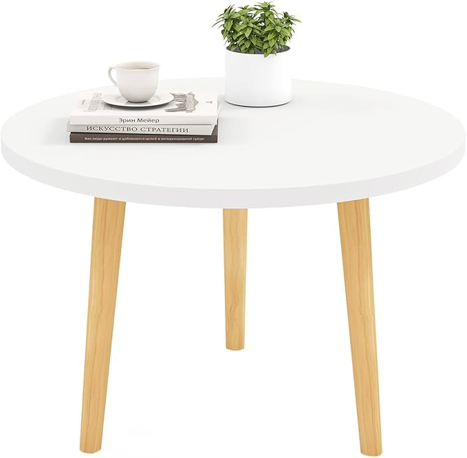 Round Coffee Table Low Table with 3 Solid Wood Sturdy Legs, Floor Table Desk for Sitting on The Floor, Storage and Living Room Furniture (White)