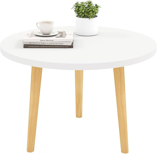 Round Coffee Table Low Table with 3 Solid Wood Sturdy Legs, Floor Table Desk for Sitting on The Floor, Storage and Living Room Furniture (White)