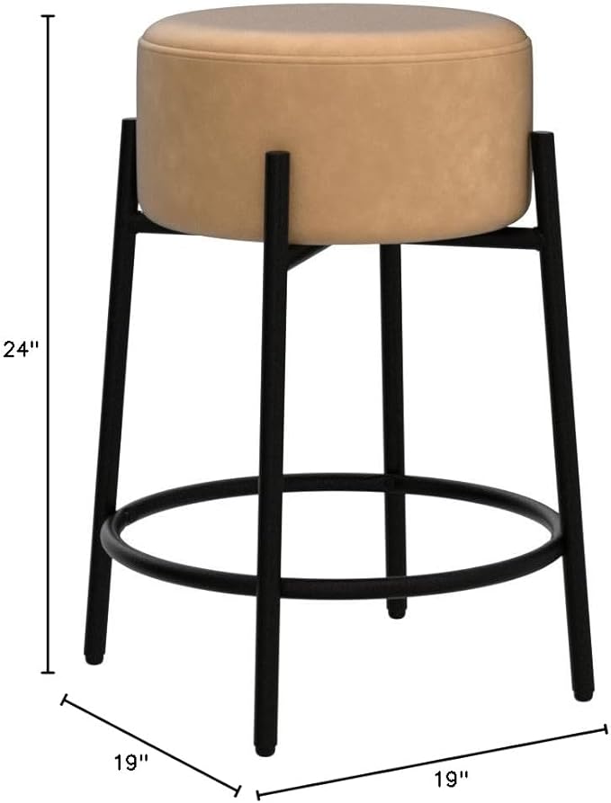 Nathan James Isaac 24" Modern Backless Bar Stool with Round Soft Padded Upholstered Seat and Metal Mid-Century Base, PU Light Brown/Black