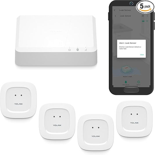 YoLink Smart Home Kit: 4G LTE Cellular Hub & Water Sensor 4-Pack, No Internet Required with a Subscription, SMS, Email & Push Notifications, LoRa Up to 1/4 Mile Range, Alexa, IFTTT, Home Assistant
