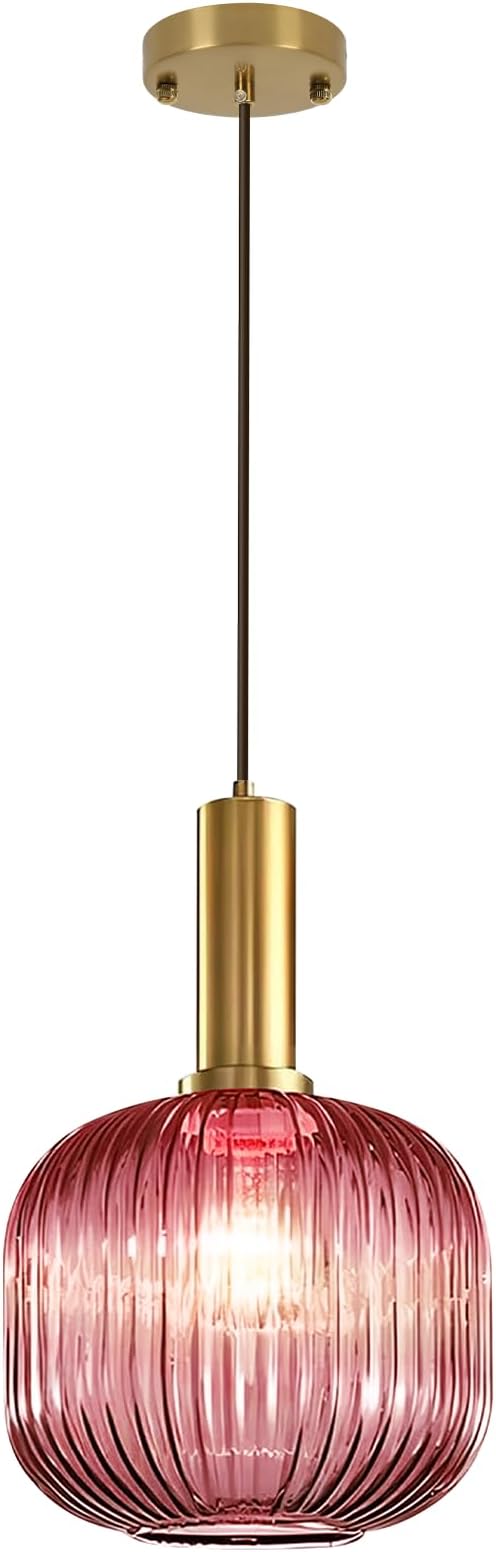 Glass Pendant Lamp Pink Pendant Light Kitchen Pendant Lighting Over Island Mid Century Modern Hanging Ceiling Light Gold Single Globe Chandelier Light Fixture for Dining Room Bedroom Hallway