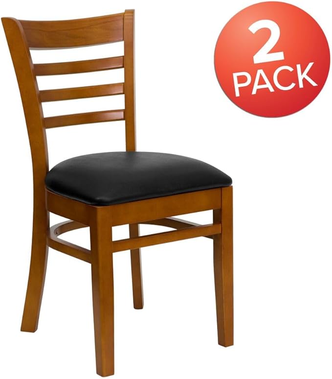 Flash Furniture 2 Pack HERCULES Series Ladder Back Cherry Wood Restaurant Chair - Black Vinyl Seat
