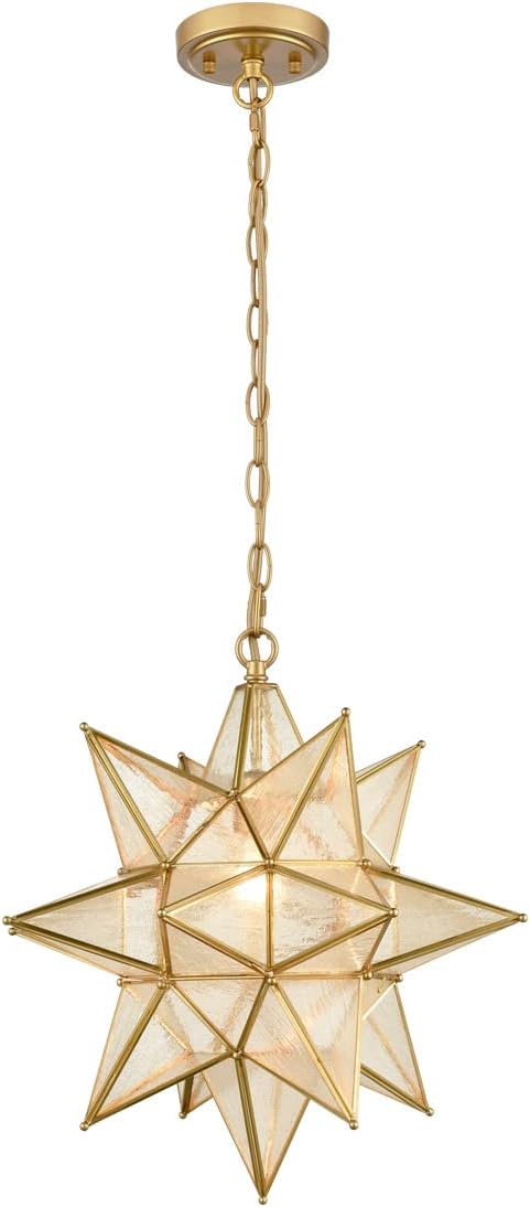 DIRYZON Moravian Star Pendant Light 20-Inch Large Hanging Ceiling Light Modern Gold Finish with Seeded Glass Adjustable Chain