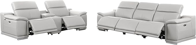 Blackjack Furniture Venice Top Grain Italian Leather Power Recline 6 Piece 5 Seater Sofa - 107" Theater Seating Modern Couch for Living Room Lounge with Adjustable Headrests & USB Port, Light Grey