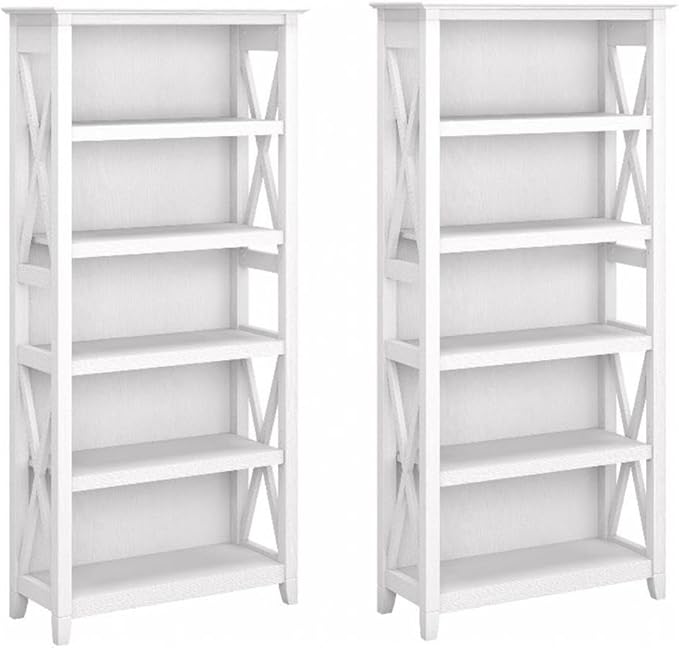 Bush Home Key West 5 Shelf Bookcase - Set of 2 | Tall Bookshelves in Pure White Oak | Sturdy Display Shelves for Library, Living Room, and Home Office