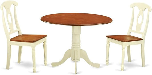 East West Furniture DLKE3-BMK-W 3 Piece Dinette Set for Small Spaces Contains a Round Dining Table with Dropleaf and 2 Dining Room Chairs, 42x42 Inch, Buttermilk & Cherry