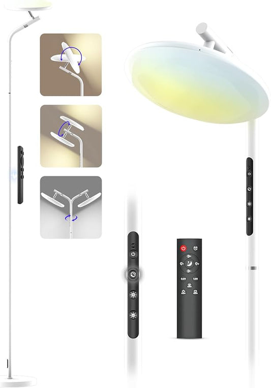 LED Floor Lamp, 32W Super Bright Standing Lamp with Remote Control, Modern Dimmable 69" Torchiere Tall Lamp, 350°Rotating Head Reading Floor Lamp for Living Room, Bedroom, Office, White