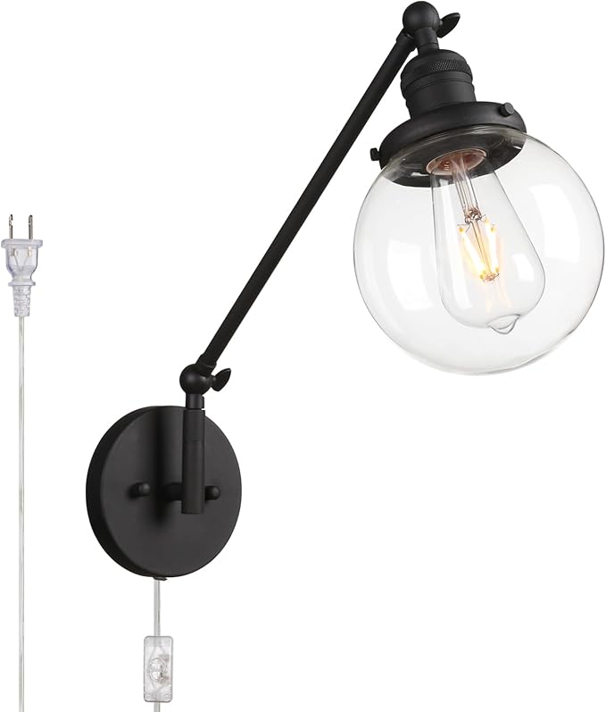 PERMO Industrial Wall Sconce Plug in Sconce Swing Arm Wall Light Fixture with 5.9" Glass Globe Shade for Bedroom, Living Room Office (Matte Black)