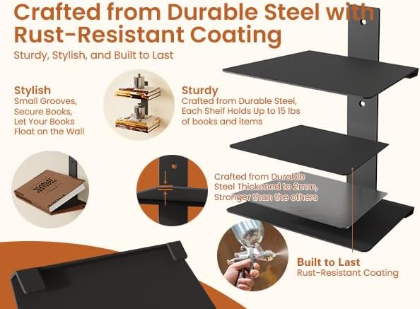 Invisible Bookshelf for Wall, 4 Tier Floating Bookshelf Made of Heavy Duty Metal, Vertical Spine Book Tower Hanging Wall Bookshelf, Floating Book Shelves for Wall, 2 Pack Black