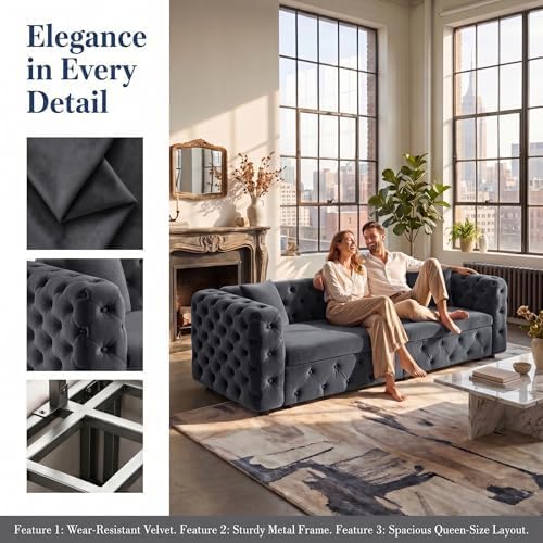 89" 4-Seater Queen Size Pull Out Sofa Bed with 3 Pillows, Gray