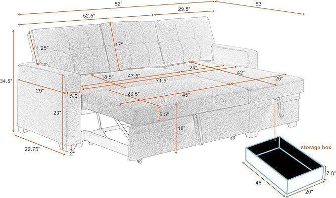 ERYE 82-Inch L-Shaped Pull Out Sleeper Couch Bed, Modern Reversible Sleeper Sectional Sofa Linen Blend Tufted Upholstered Corner Convertible Sofa Bed with Storage Chaise