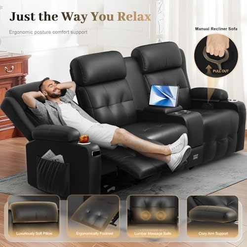 Recliner Sofa, 3 Seater Massage Reclining Loveseat Sofa Sets, 1 Single Power Recliner Chairs Heat & Massage, Heavy Weight Capacity, RV Clearance Love Seat Couch with Console, USB, Type C Port