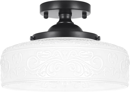 Black Semi Flush Mount Ceiling Light with Hand-Carved Design - 12 Inch Vintage White Glass Shade with Etched Patterns, Easy Install 3-Light Fixture for Hallway, Kitchen, Bedroom