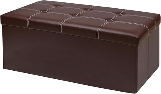 30 Inches Folding Storage Ottoman Bench, Faux Leather Footstool Ottoman, Storage Trunk Footrest for Bedroom, Living Room and Hallway, Support 350lbs, Brown (White line)
