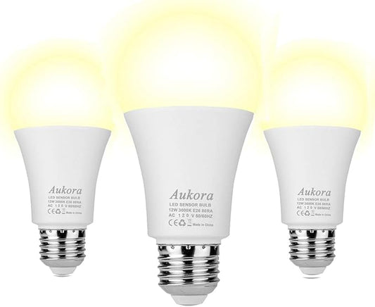 Dusk to Dawn Light Bulb, Aukora Smart Sensor LED Light Bulb, 12W (100-Watt Equivalent), 3000Kelvin, E26 Base Automatic On/Off Led Bulb Outdoor/Indoor for Porch Garage Patio Garden(Warm White, 3 Pack)