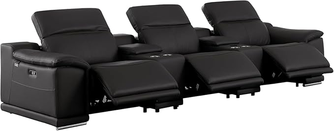 Blackjack Furniture Venice Top Grain Italian Leather Power Recline 5 Piece Sofa - 134" Theater Seating Modern Couch for Living Room Apartment Lounge Home with Adjustable Headrests & USB Port, Black
