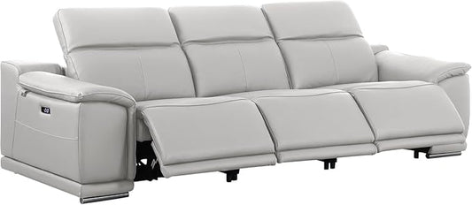 Blackjack Furniture Venice Top Grain Italian Leather Power Recline 3 Piece Sofa - 107" Theater Seating Modern Couch for Living Room Apartment Home with Adjustable Headrests & USB Port, Light Grey