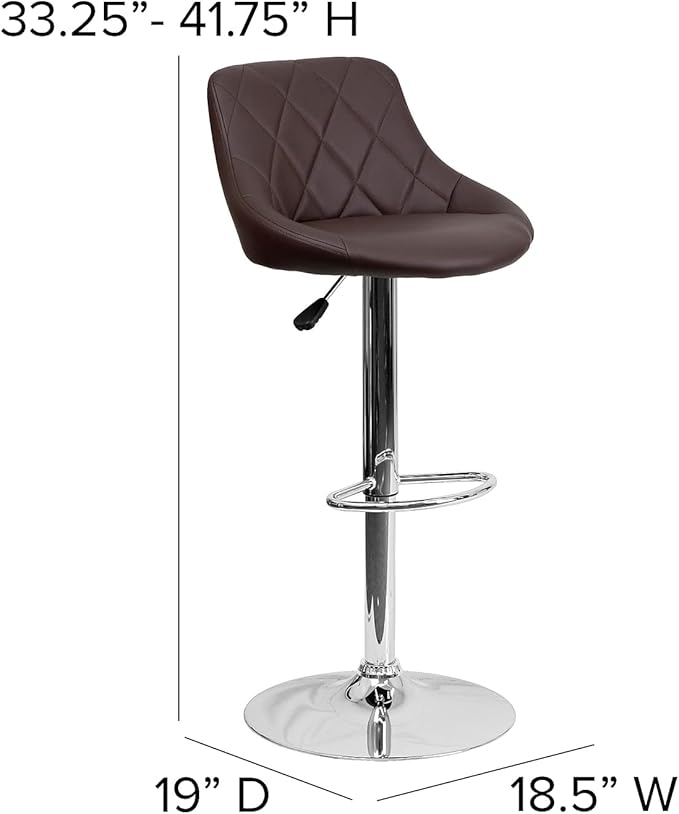 Flash Furniture Contemporary Brown Vinyl Bucket Seat Adjustable Height Barstool with Diamond Pattern Back and Chrome Base
