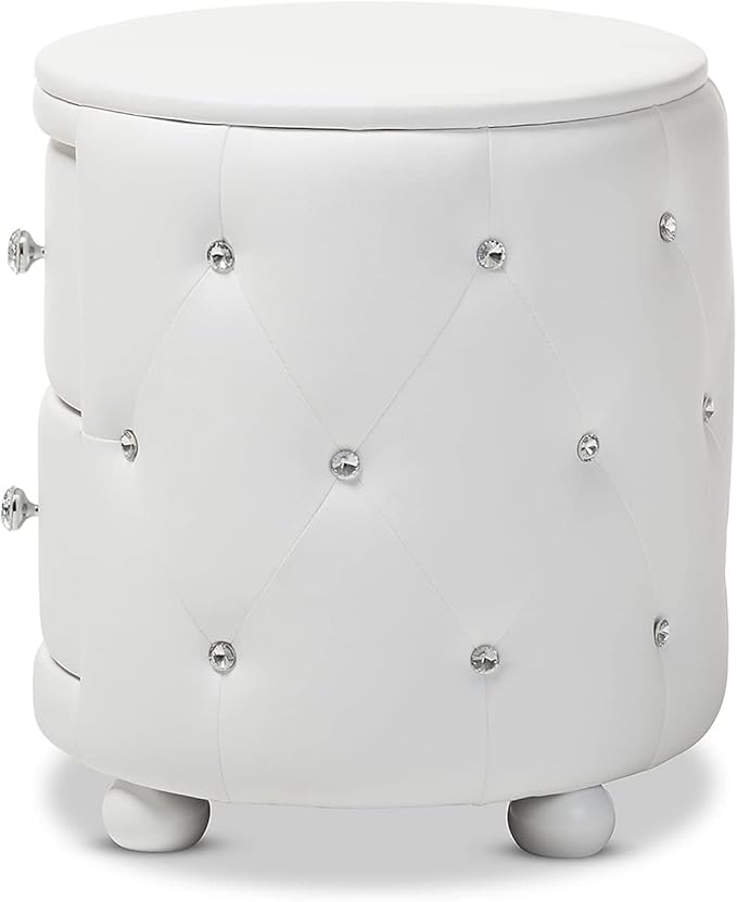 Baxton Studio Davina Hollywood Glamour Style Oval 2-Drawer Faux Leather Upholstered Nightstand, Medium, White