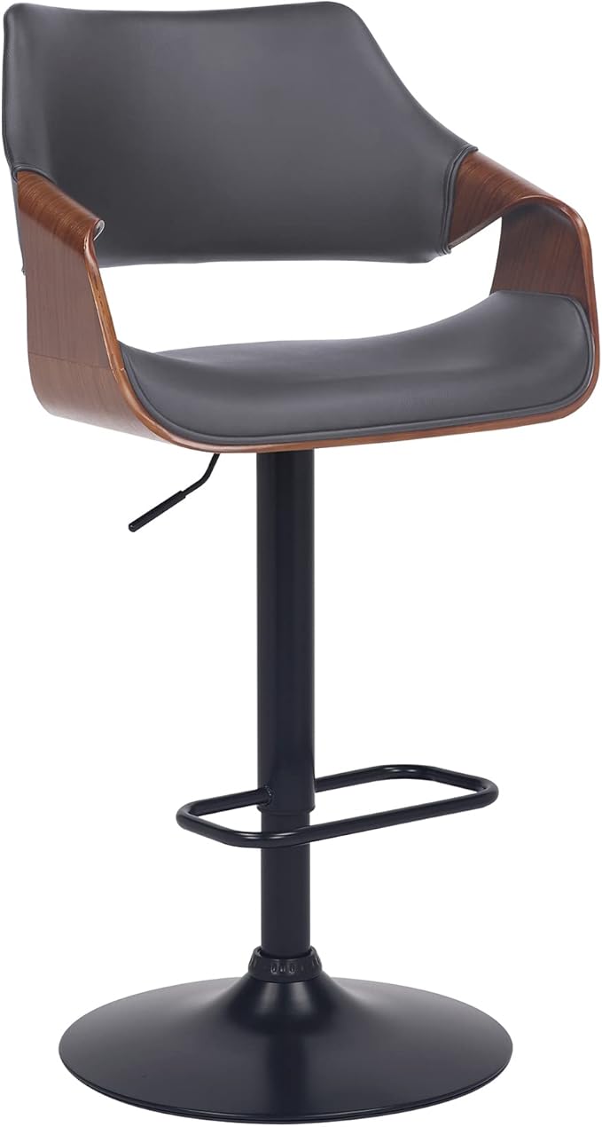 Aspen Adjustable Swivel Gray Faux Leather and Walnut Wood Bar Stool with Black Base