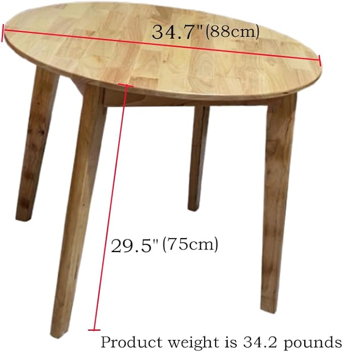34.7" Solid Wood Round Dining Table, Rubberwood, Easy to Assemble, Multi-Use for Dining & Office Meetings, Natural Finish